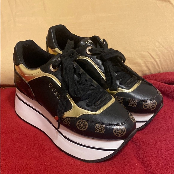 Guess Shoes - Guess Black and Gold Platform Sneakers